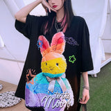 Cute Rainbow Rabbit Graffiti T Shirts Men Women Oversized Short Sleeve Casual Tops Harajuku Street Kawaii Graphic