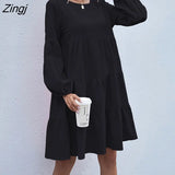 cotton linen O neck mini dress for womens Lantern sleeve Stitching loose big swing dress A-Line Full vestido women