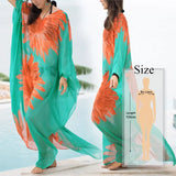 Blue Bohemian Embroidered Batwing Sleeve Side Split Summer Beach Dress Chiffon Tunic Women Plus Size Beachwear kaftan
