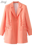 Quality Women Blazer Jacket Autumn Drawstring Casual Elegant Blazers Jacket Long Sleeve Outerwear Chic Coat Tops