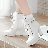 Women Comfy Platform Square High Heel Boots Fashion Round Toe Buckle Fall Winter Ankle Boots Black Brown