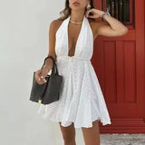 Embroidery White Dress Women Cut Out Halter Backless Dress Woman Off Shoulder Sexy Short Dresses Sleeveless Mini