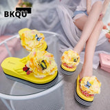 Women Sandals Flowers Slippers Summer Flip Flops Footwear Wedge High Heel Beach Thick Bottom Platform Slides