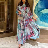 Women Casual Swing Boho Dresses Vintage Tie-dyed Printed Chiffon Dress Fashion V-neck Lantern Sleeve Holiday Long