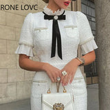 Women Elegant Round Neck Short Sleeves Bow Ruffle Hem Beaded Formal Fragrant Breeze White