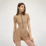 Zingj New Women's Round Collar Solid Color Short Sleeve Zipper Short Jumpsuit Dress