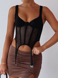 Fishnet Mesh See Through Patchwork Corsets Tank Tops Chic Women Sleeveless Low Cut V Neck Busiters Hollow Out