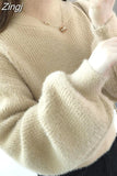 Mohair Women Sweaters Turtleneck Soft Lantern Sleeve Short Pullovers Fashion Autumn Winter Sweater Solid Women