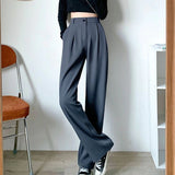 Thin Women Wide Leg Pants Summer High Waist Elastic Office Lady Loose Trousers Vintage Korean Solid Straight Pants