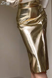 Spring Autumn Shiny Black Silver Golden Pu Leather Skirt Women Front Slit High Waist Long Luxury Designer Clothes