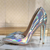Toe Silver 12 cm High Heels Pumps Women Shoes Patent Leather Prom Wedding Shoes plus size QP047