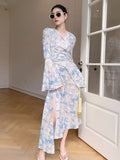 Vintage Elegant Floral Midi Party Dress Women Summer Casual V-neck Long Sleeve Vestidos Korean One Piece