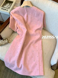 Mini Dresses For Women Luxury Diamond Pink Short Sleeve O Neck Dresses Office Ladies Elegant Slim Dresses Women