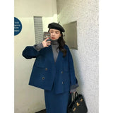 Elegant Autumn Woolen Set Solid Blue Single Breasted Coat + High Waist Long Skirt Women Winter Wild Office Ladies