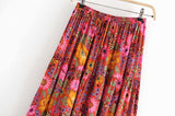 Queens Fashion Hippie Women Beach Bohemian Red Floral Print Skirt High Elastic Waist A-Line Boho Maxi Skirts