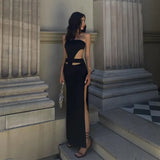 Spring Women Solid Black Strapless Hollow Out Long Nightclub Dress Female High Split Sleeveless Maxi Evening Party
