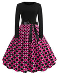 Print Vintage Women New Spring Elegant Party Long Sleeve Casual Black Patchwork Midi