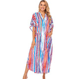 Causal Striped V-neck Button Front Open Summer Beach Dress Blue Tunic Women Plus Size Clothes Maxi Dresses