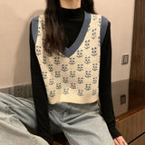 Vintage Harajuku Print Knit Vest Fall Women V-Neck Sweater Vests Fashion Loose Sleeveless Y2k Waistcoat Korean