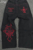 Letter Embroidery Jeans Woman Y2K New Street Hip Hop High Waisted Jeans Harajuku Punk Wide-Leg Pants Couple Baggy