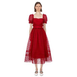 Summer New Self Portrait Women Square Collar Ruffles Long Dresses Puff Sleeve Hollow Out High Waist Holiday Party