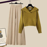 Winter Thick Knit Two Piece Sets Women Outfits Ladies Elegant Twist Knitted Sweater And Wide Leg Pant Sets Women