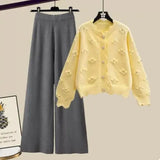 Winter Knit Sets Womens Outfits Korean Sweet Floral Knitted Cardigan And Wide Leg Pants Sets Ladies Elegant Knitting