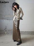 Spring Autumn Color Block Brown Pu Leather Maxi Skirt Women with Back Slit High Waist Long Luxury Designer Clothes