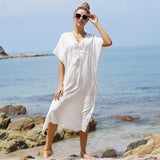 Queens Women White Short Sleeve Deep V-neck Beach Lace Tassel Bohemian Maxi Dress Ladies Boho Sundress Cover-up