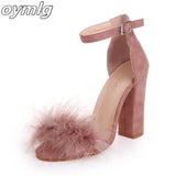Strap High Heels Faux Fluffy Rabbit Fur Women Sandals 2020 Thick High Heel Party Wedding Summer Lady
