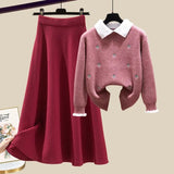 Knitted Two Piece Set Womens Outfits Korean Casual Turn Down Collar Long Sleeve Embroidery Knitted Sweater+skirts