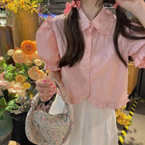 Sweet Cute White Shirt Women Pink Ruffles Puff Sleeve Blouse Student Summer Kawaii Preppy Japanese Loose Casual Crop
