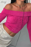 Off Shoulder Long Sleeve Tees Crop Tops Women Fall Spring Slash Neck Slim Fit Short T-Shirts Street Casual Base
