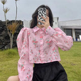Y2K Printing Shirt Korean Sweet Puff Sleeve Crop Tops Fashion Turn Down Collar Long Sleeve All Match Harajuku Blouses