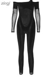 Velvet Patchwork Mesh Jumpsuits Women Long Sleeve Off Shoulder Sexy Slim One Piece Outfits Lady Attirewear