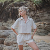 Women's Shirt Flip-Necked Shirt Shorts Casual Cotton