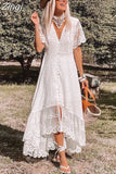 Women Off Shoulder Lace Patchwork Elegant Dress Casual Bohemian Deep V Neck Short Sleeve Loose Vestidos Summer