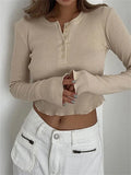 Solid Ribbed Basic Tees Shirts Long Sleeve Ruched Casual T-Shirts Women Knitted Buttons Up O Neck Slim Fit Tops