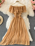 Chiffon Dress Women Sexy Slash Neck Ruffle Robe Elegant Ruffle High Waist Vestidos Female Beach Vacation