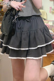 Japan Style Lace High Waist Ballet A-line Cake Skirt Y2k Sweet Women Drawstring Gray Folds Short Mini Faldas