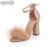 Strap High Heels Faux Fluffy Rabbit Fur Women Sandals 2020 Thick High Heel Party Wedding Summer Lady