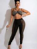 Sexy White Crystal Leggings Set Women Halter Crop Top And Mesh Patchwork Long Pant Clubwear Skinny