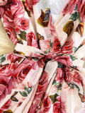 Vintage Floral Printed Pleated Dress Women Elegant V-Neck Sleeveless High Waist Draped Vacation Beach Vestidos Female