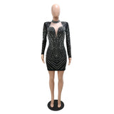 Sexy Blue Crystal Mesh Patchwork Mini Dress Women Long Sleeve Hot Drilling Bodycon Birthday Party Clubwear