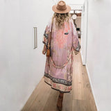 Bikini Cover-ups Pink Boho Print Self Belted Front Open Long Kimono Dress Beach Tunic Women Swim Suit Cover Up