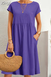 Neck Elegant Simple Short Sleeve Dress Summer Fashion Casual Dress for Women Cotton Linen Dresses 2023 Office Lady Robe