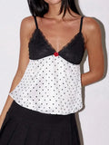 Women Vintage Retro Camisole Sleeveless Tops V-neck Backless Lace Patchwork Dots Print Summer Vest for Party