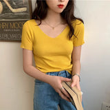 2021 Basic V-neck Solid Thin Summer Pullover Women Female Knitted Ribbed Sweater Slim Short Sleeve Bodycon