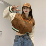 Streetwear Women Retro Letter Crop Baseball Coats Fall Harajuku Turn-down Collar BF Jackets Casual Korean Outwear Y2k
