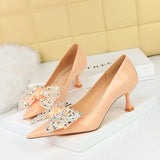 Zingj Korean Version Of Fashion Delicate Women's Shoes Wine Glass With High Heel Shallow Pointed Water Diamond Bow Banquet Single